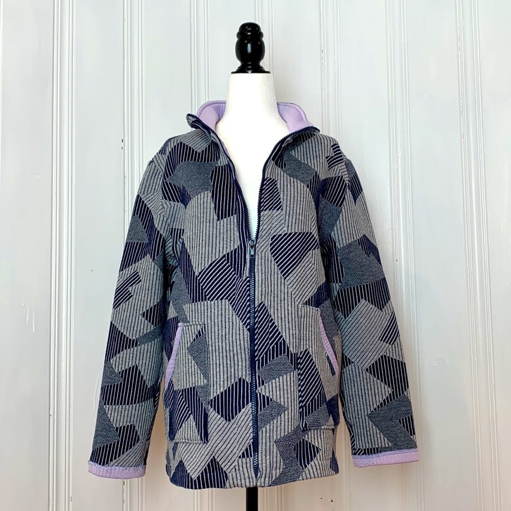 Geometrical lavender, navy and light grey quilted jacket
